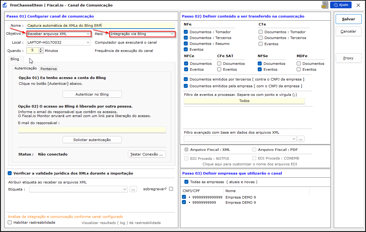 Tela - Configuração do canal Bling