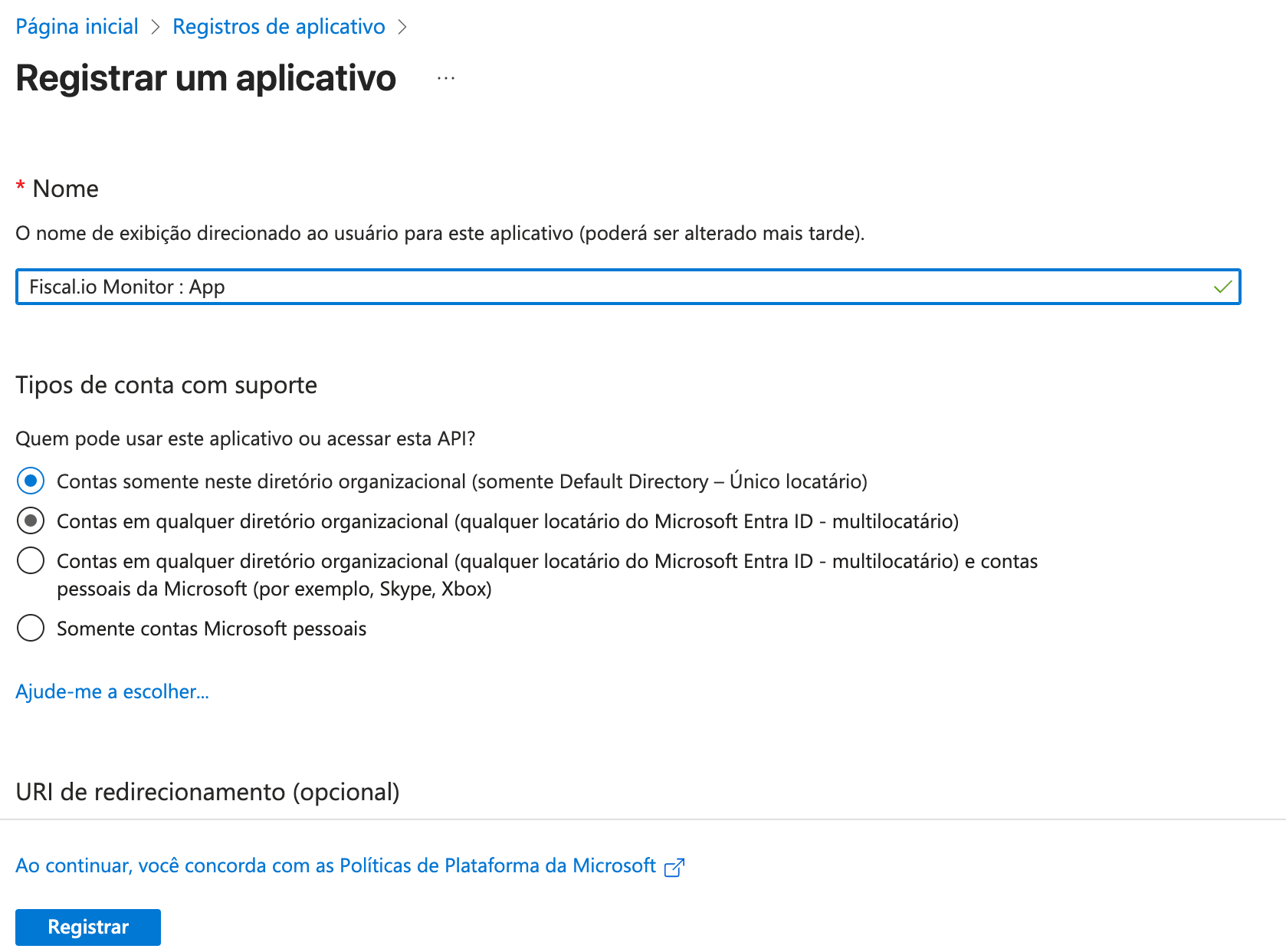 Novo registro de aplicativo no Entra ID