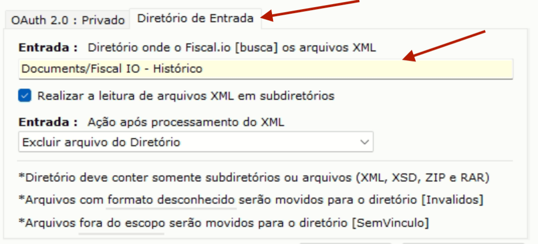 Diretório de Entrada e ação após processamento