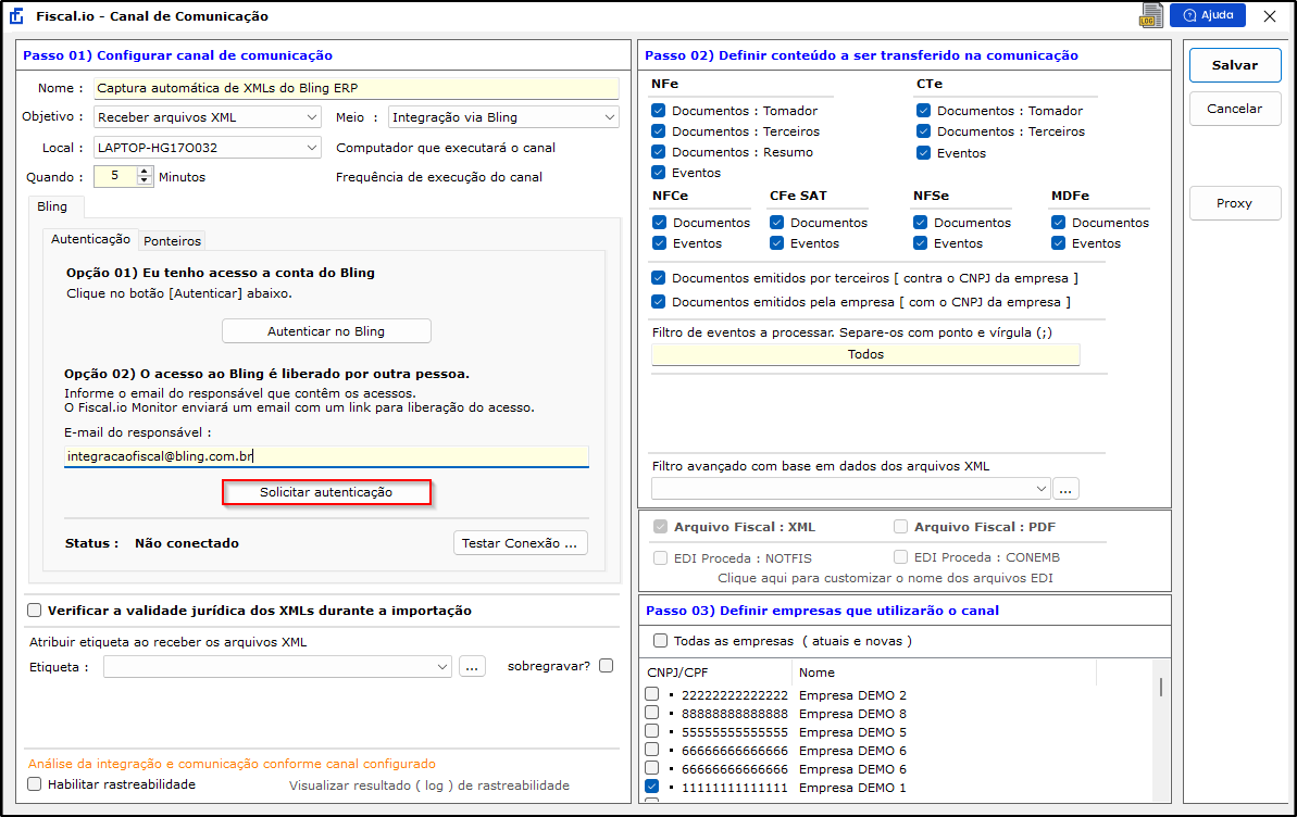Tela - Status de autenticação